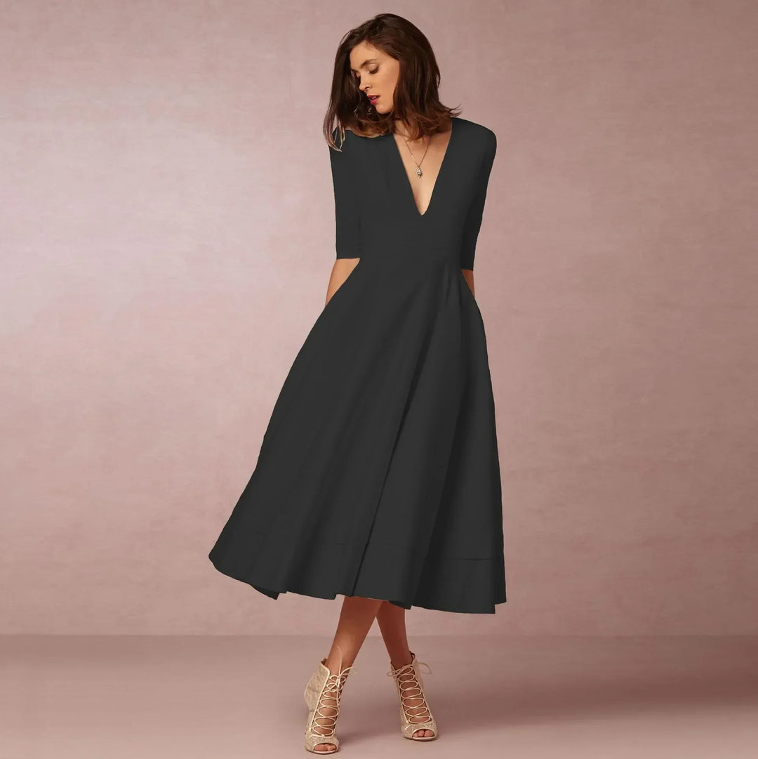 Women's Wedding Guest Midi Dress with V Neck and Fit and Flare Skirt