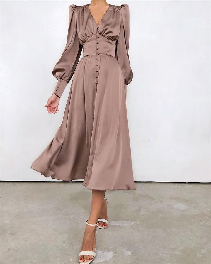 Women's Ruched Midi Dress with V Neck and Balloon Sleeves