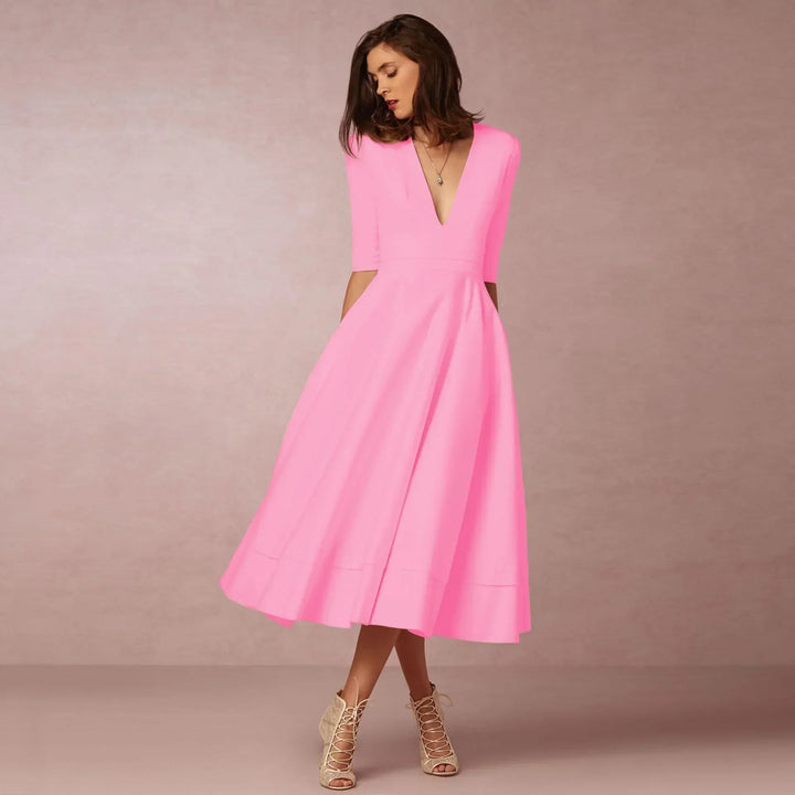 Women's Wedding Guest Midi Dress with V Neck and Fit and Flare Skirt
