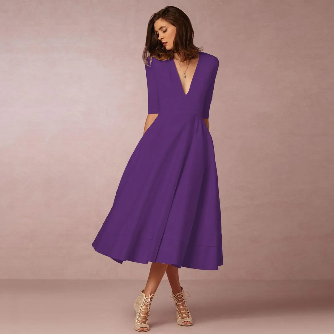 Women's Wedding Guest Midi Dress with V Neck and Fit and Flare Skirt