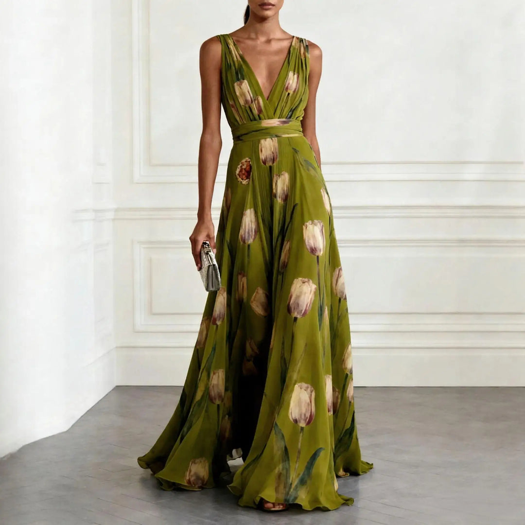 Women's Wedding Guest Floral Maxi Dress with V Neck and Sleeveless Design
