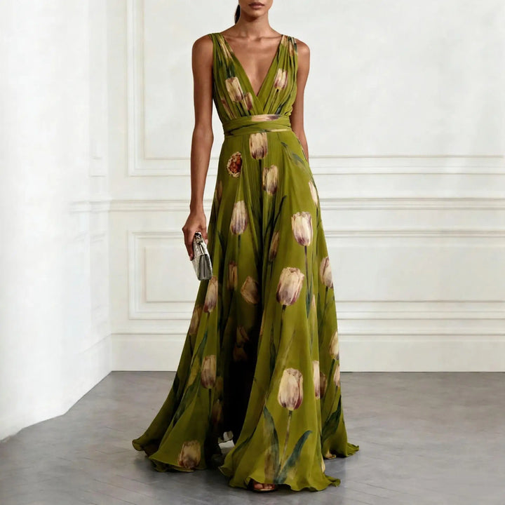 Women's Wedding Guest Floral Maxi Dress with V Neck and Sleeveless Design