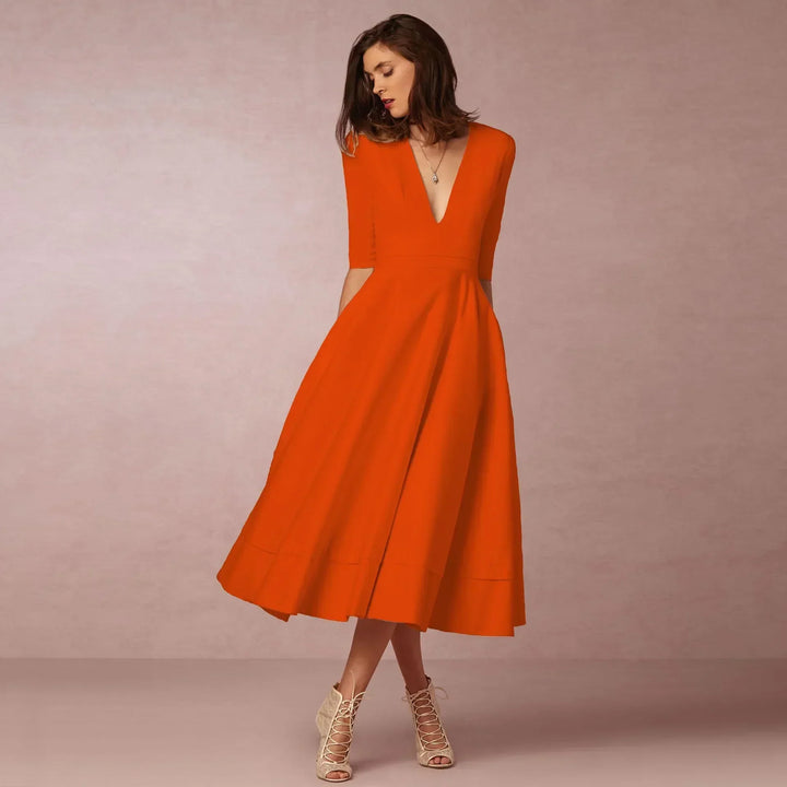 Women's Wedding Guest Midi Dress with V Neck and Fit and Flare Skirt
