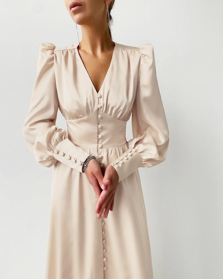 Women's Ruched Midi Dress with V Neck and Balloon Sleeves