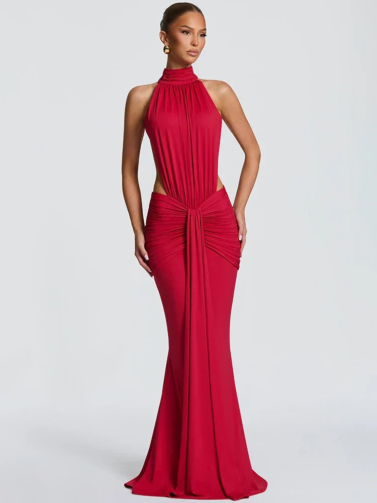 Women's Evening Maxi Dress with Halter Neck and Draped Detail