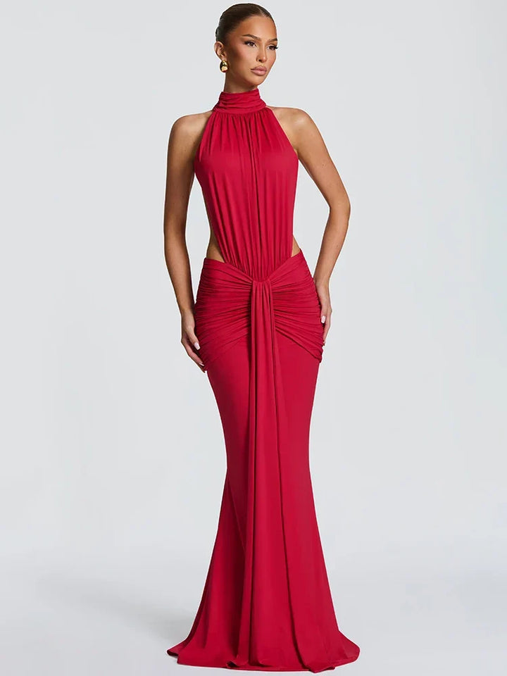 Women's Evening Maxi Dress with Halter Neck and Draped Detail