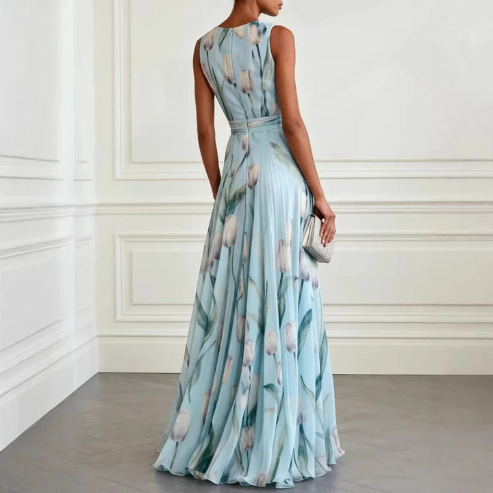Women's Wedding Guest Floral Maxi Dress with V Neck and Sleeveless Design