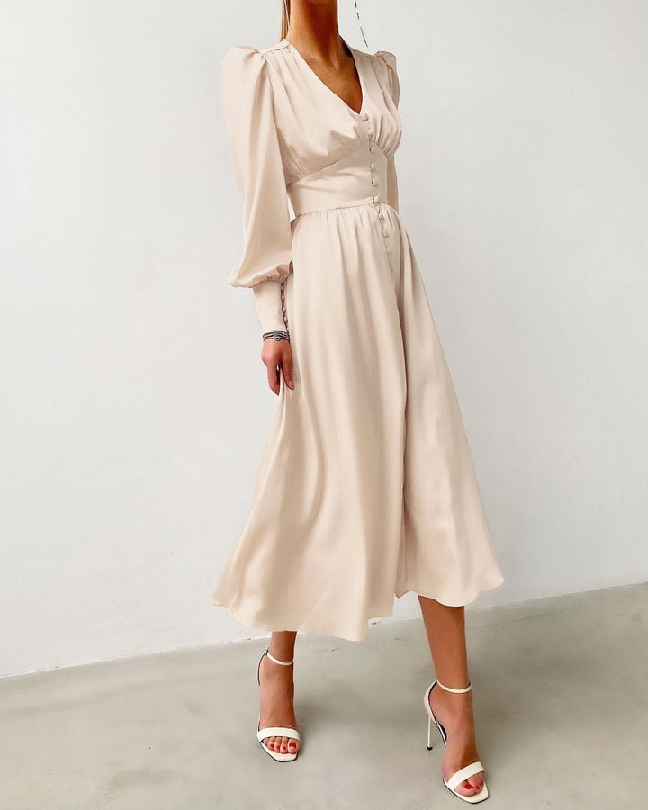 Women's Ruched Midi Dress with V Neck and Balloon Sleeves
