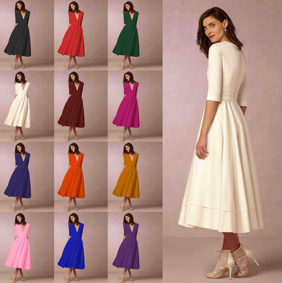 Women's Wedding Guest Midi Dress with V Neck and Fit and Flare Skirt