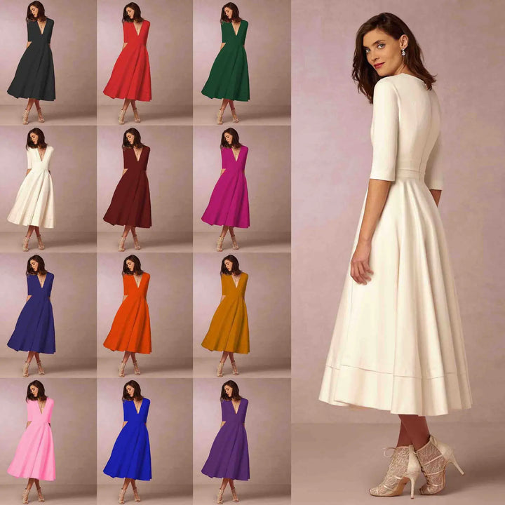 Women's Wedding Guest Midi Dress with V Neck and Fit and Flare Skirt