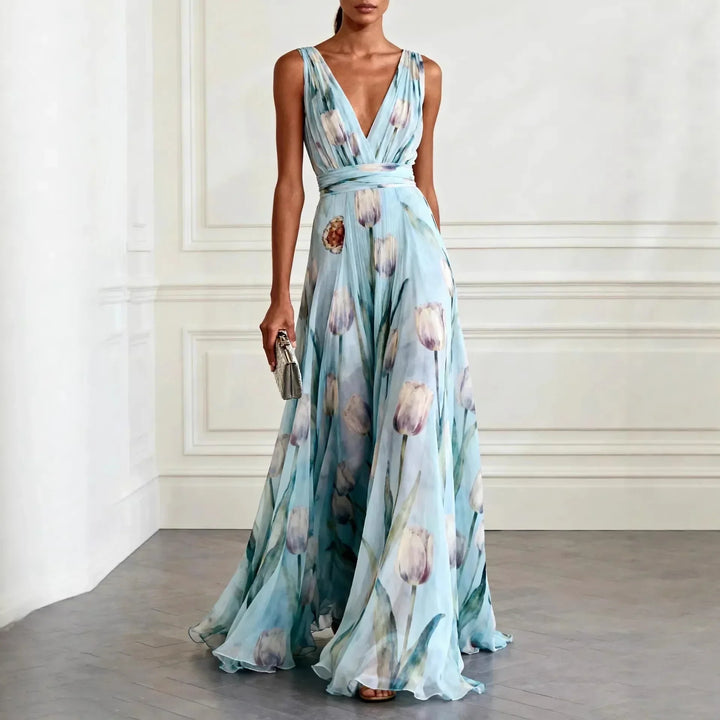 Women's Wedding Guest Floral Maxi Dress with V Neck and Sleeveless Design