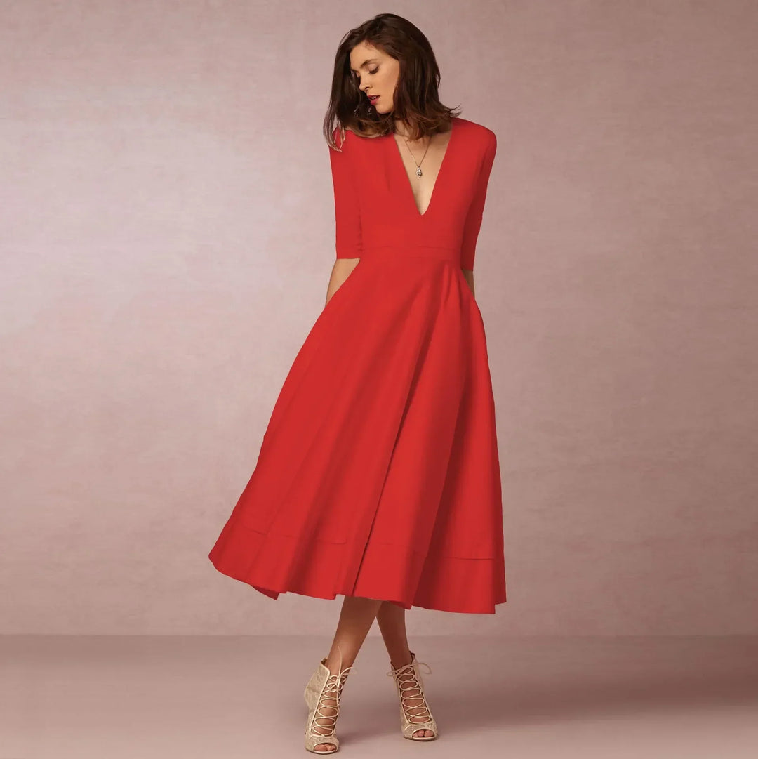 Women's Wedding Guest Midi Dress with V Neck and Fit and Flare Skirt