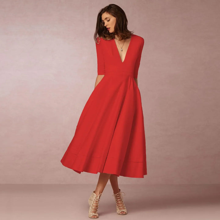 Women's Wedding Guest Midi Dress with V Neck and Fit and Flare Skirt