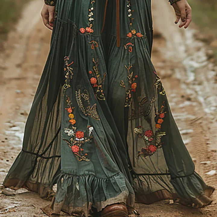 Women's Boho Floral Maxi Dress with V Neck and Long Sleeves