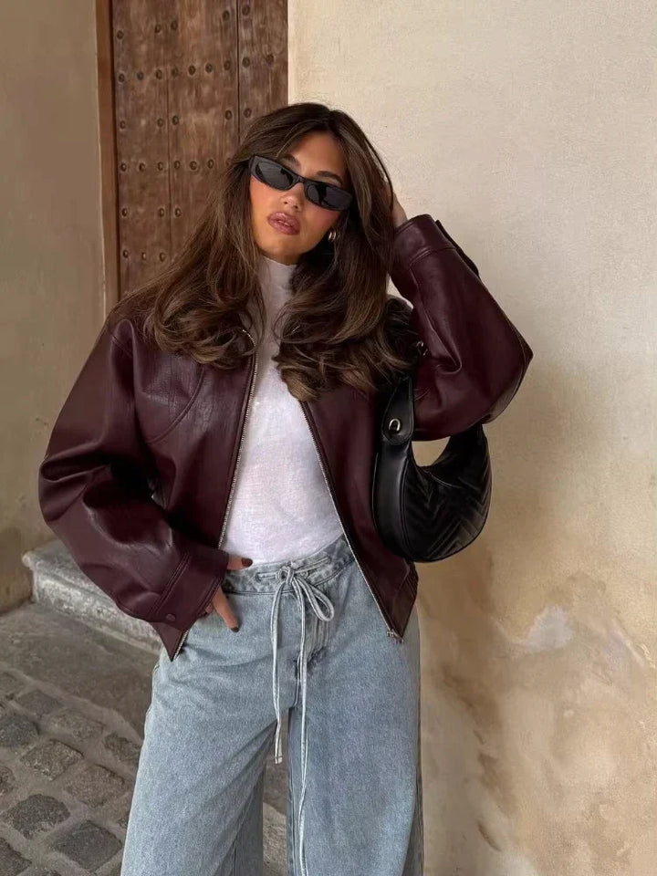Women's Cropped Jacket with Round Neck and Relaxed Fit