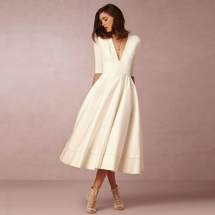 Women's Wedding Guest Midi Dress with V Neck and Fit and Flare Skirt