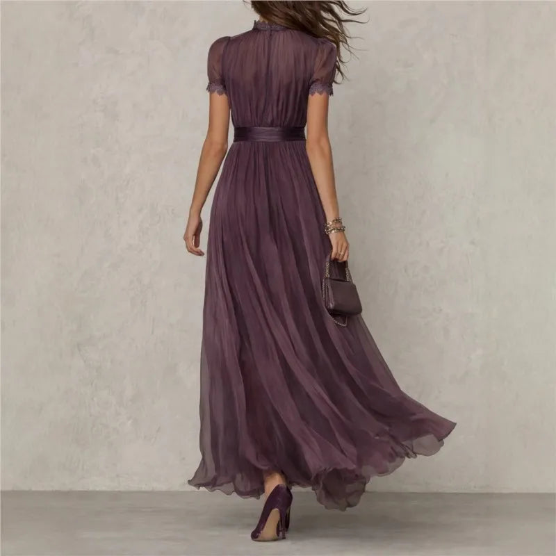 Women's Wedding Guest Pleated Maxi Dress with High Neck