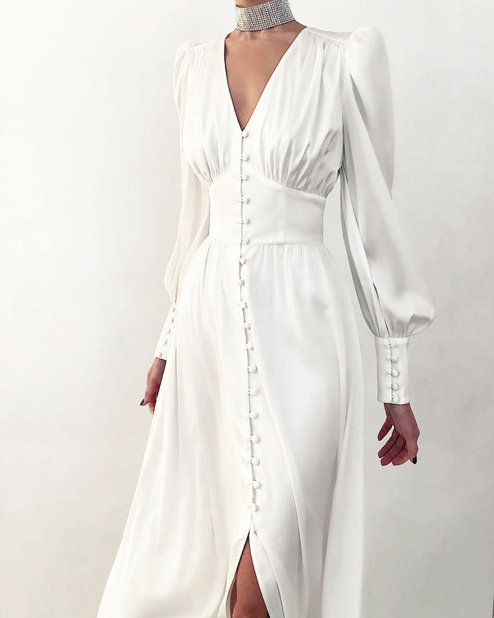 Women's Ruched Midi Dress with V Neck and Balloon Sleeves