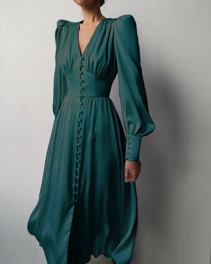 Women's Ruched Midi Dress with V Neck and Balloon Sleeves