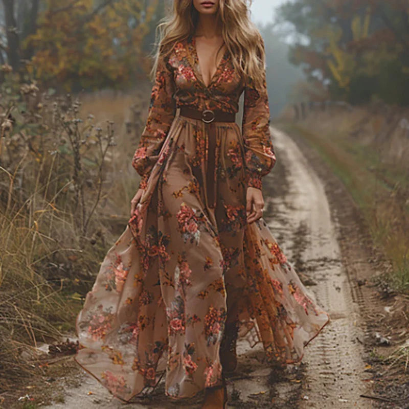 Women's Boho Floral Maxi Dress with V Neck and Long Sleeves