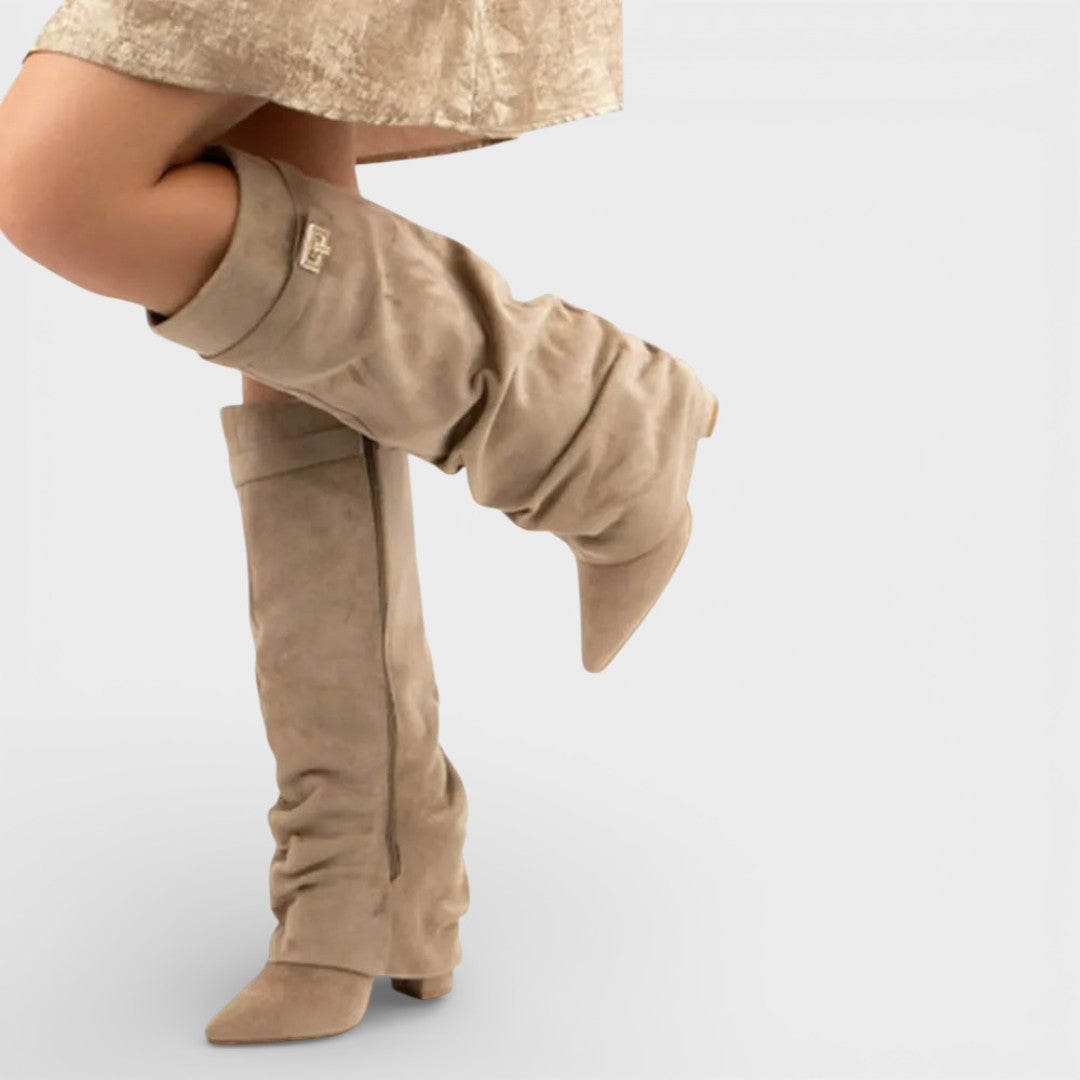 Women's Knee High Boots with Ruched Design and Block Heel