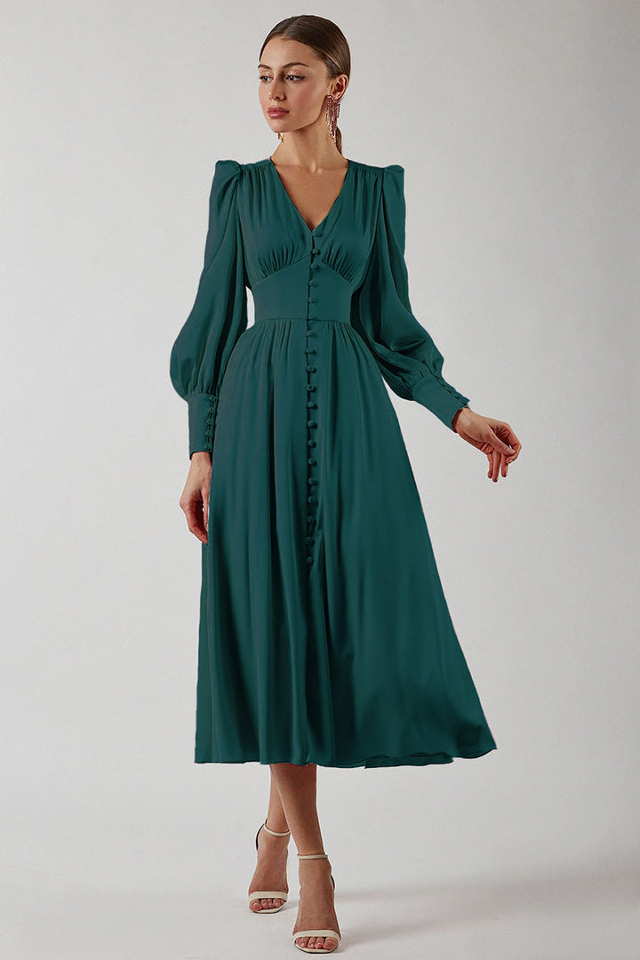 Women's Ruched Midi Dress with V Neck and Balloon Sleeves