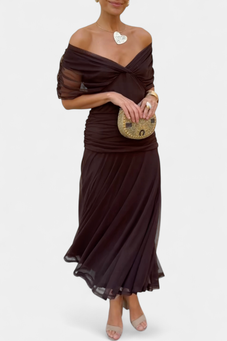 Women's Wedding Guest Maxi Dress with Off Shoulder V Neck