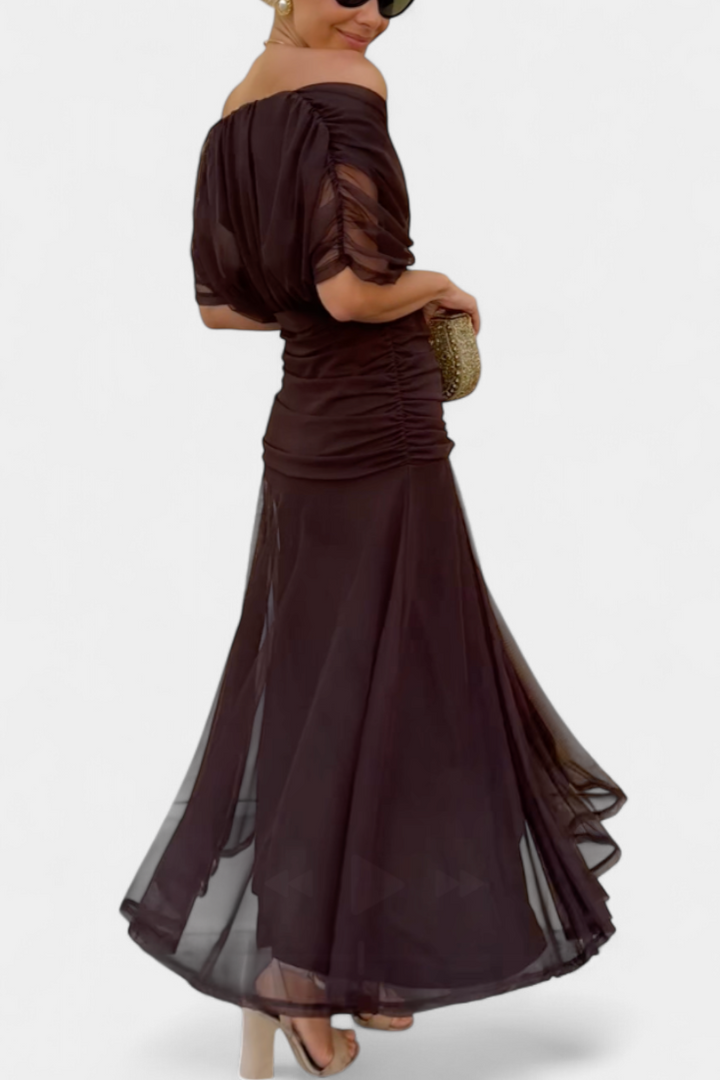 Women's Wedding Guest Maxi Dress with Off Shoulder V Neck