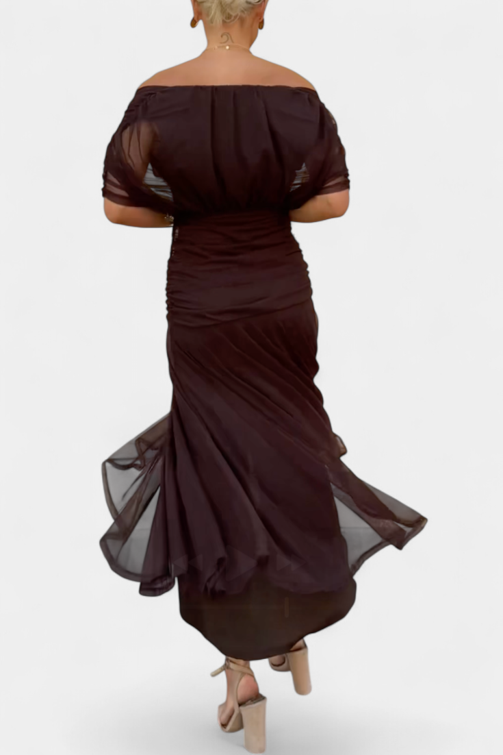 Women's Wedding Guest Maxi Dress with Off Shoulder V Neck