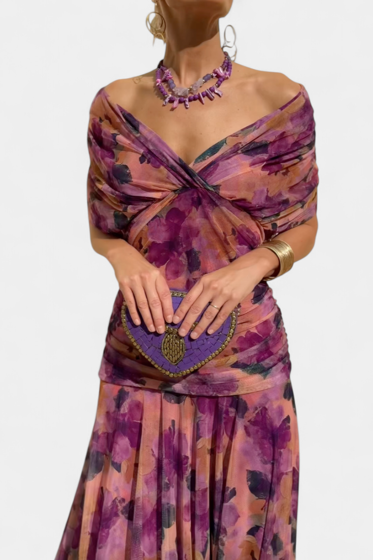 Women's Wedding Guest Maxi Dress with Off Shoulder V Neck