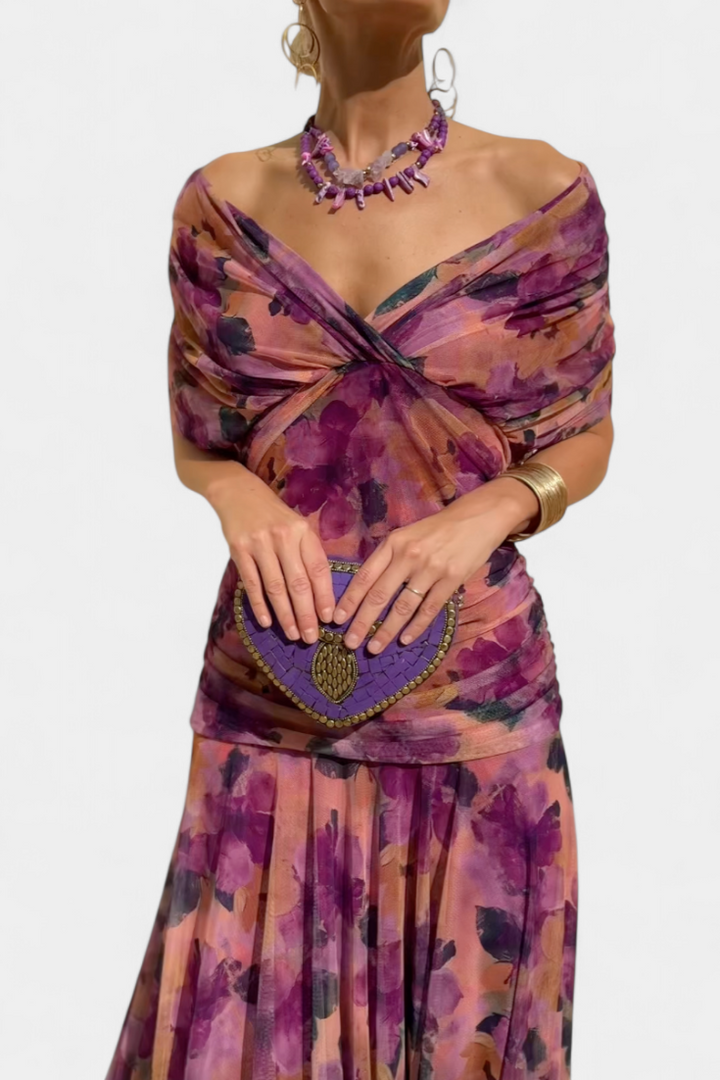 Women's Wedding Guest Maxi Dress with Off Shoulder V Neck