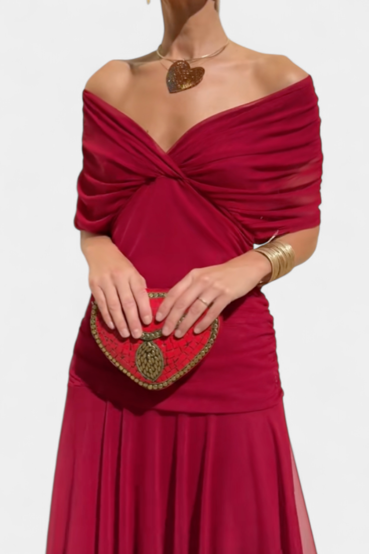 Women's Wedding Guest Maxi Dress with Off Shoulder V Neck