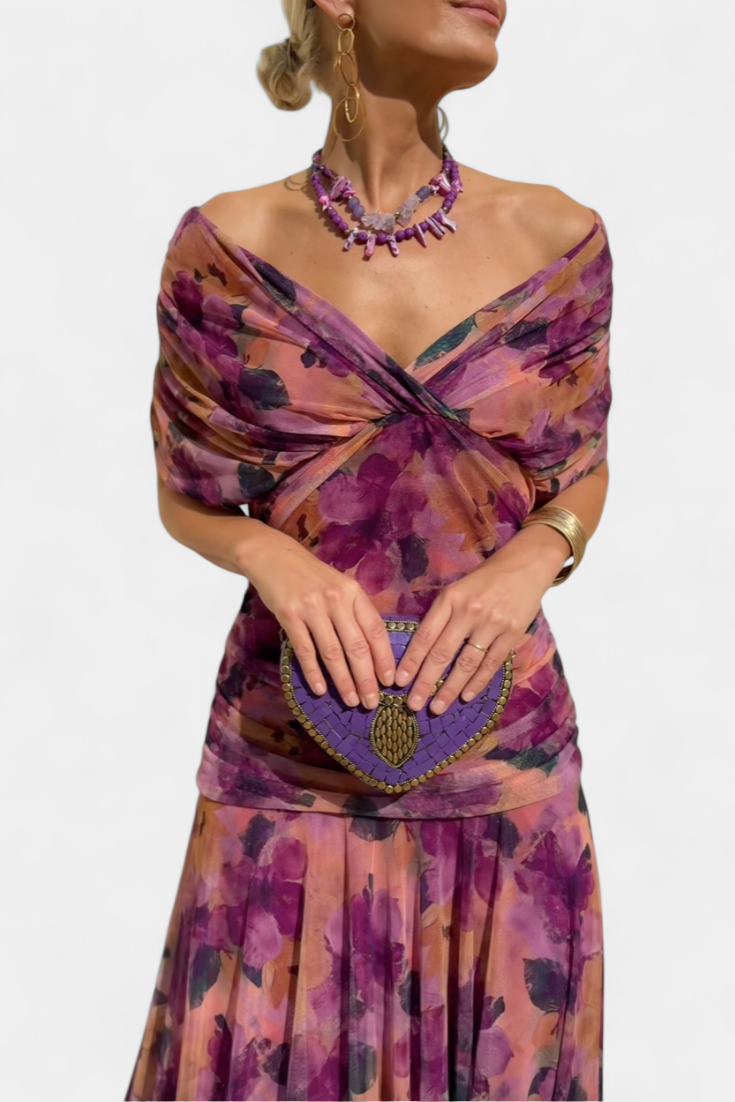 Women's Wedding Guest Maxi Dress with Off Shoulder V Neck