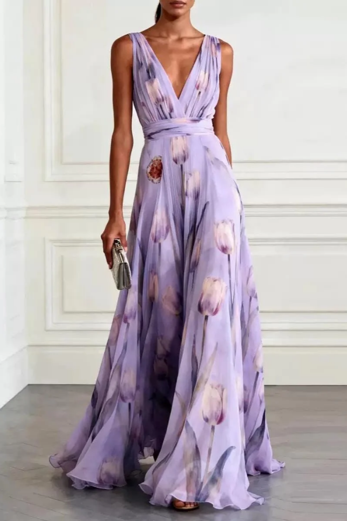 Women's Wedding Guest Floral Maxi Dress with V Neck and Sleeveless Design