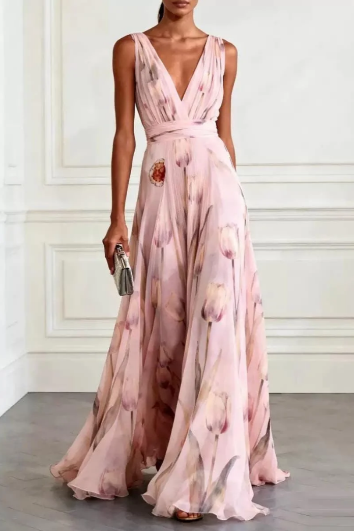 Women's Wedding Guest Floral Maxi Dress with V Neck and Sleeveless Design