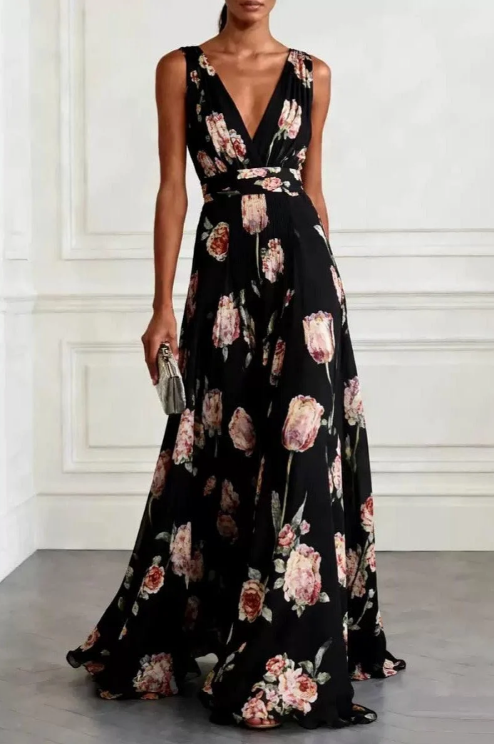 Women's Wedding Guest Floral Maxi Dress with V Neck and Sleeveless Design