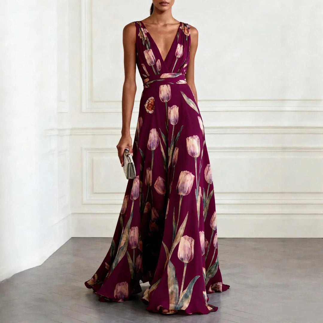 Women's Wedding Guest Floral Maxi Dress with V Neck and Sleeveless Design