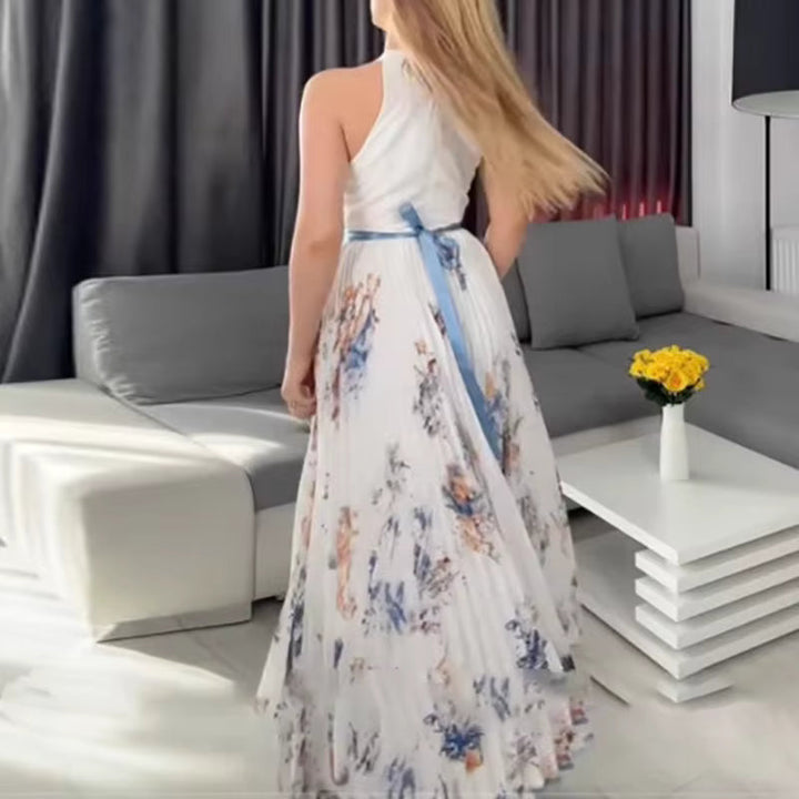 Women's Floral Midi Dress with V Neck and Long Sleeves