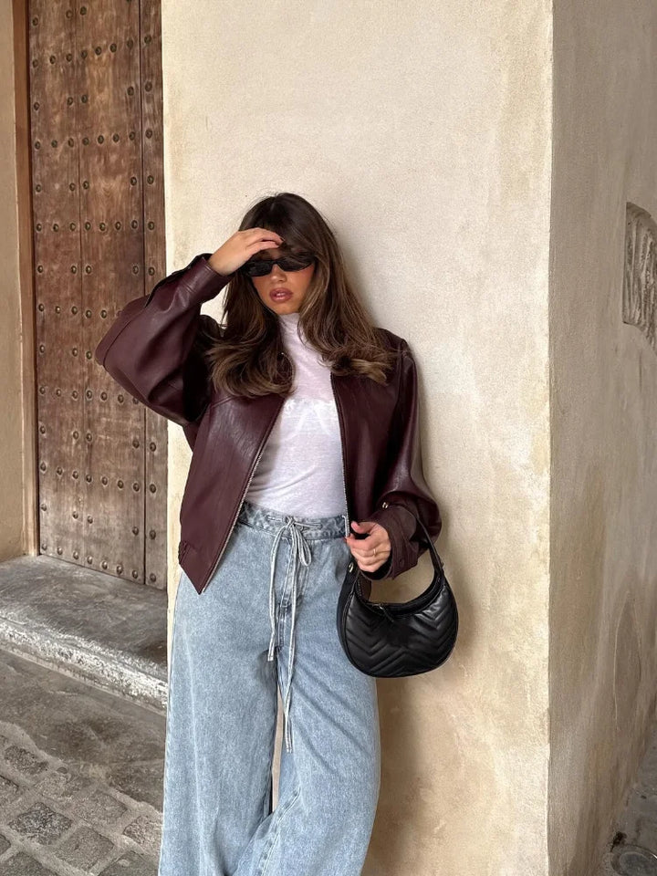 Women's Cropped Jacket with Round Neck and Relaxed Fit