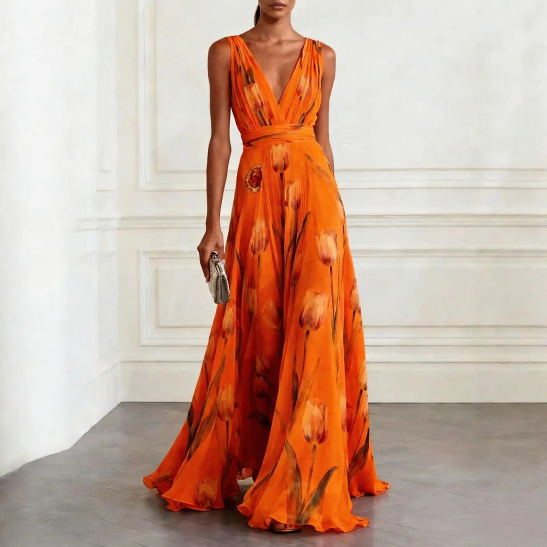 Women's Wedding Guest Floral Maxi Dress with V Neck and Sleeveless Design