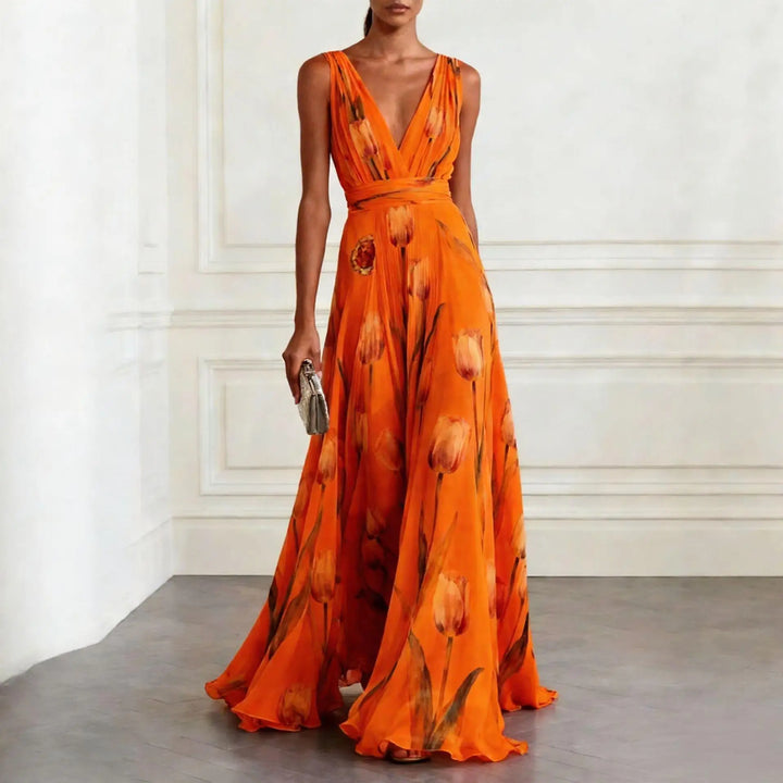 Women's Wedding Guest Floral Maxi Dress with V Neck and Sleeveless Design