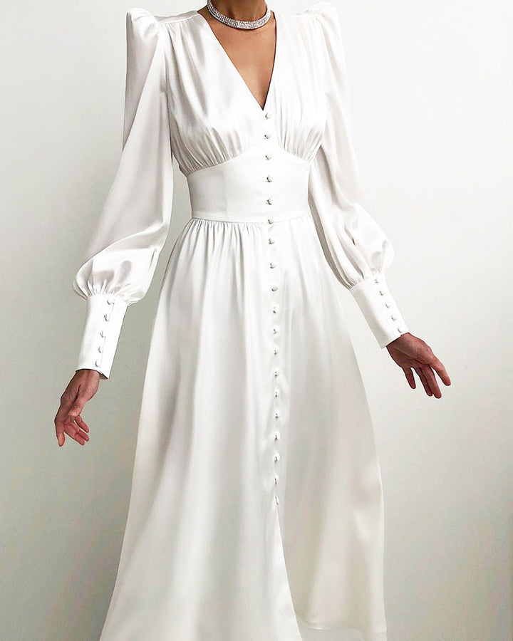 Women's Ruched Midi Dress with V Neck and Balloon Sleeves