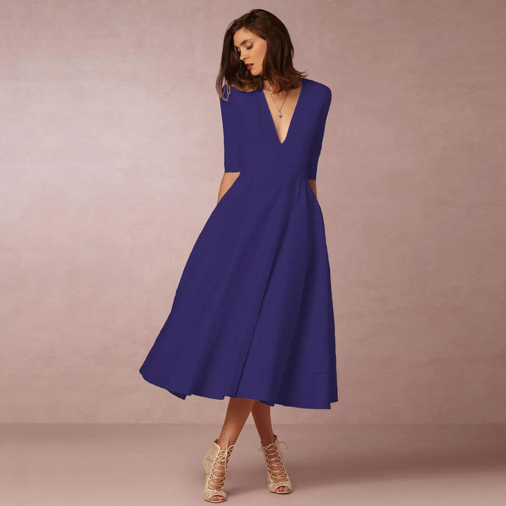 Women's Wedding Guest Midi Dress with V Neck and Fit and Flare Skirt