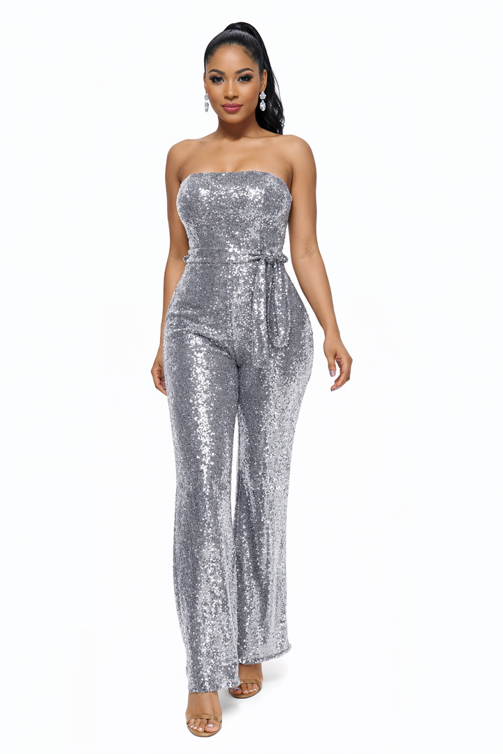 Women's Strapless Jumpsuit with Sequin Detail and Wide Leg Design