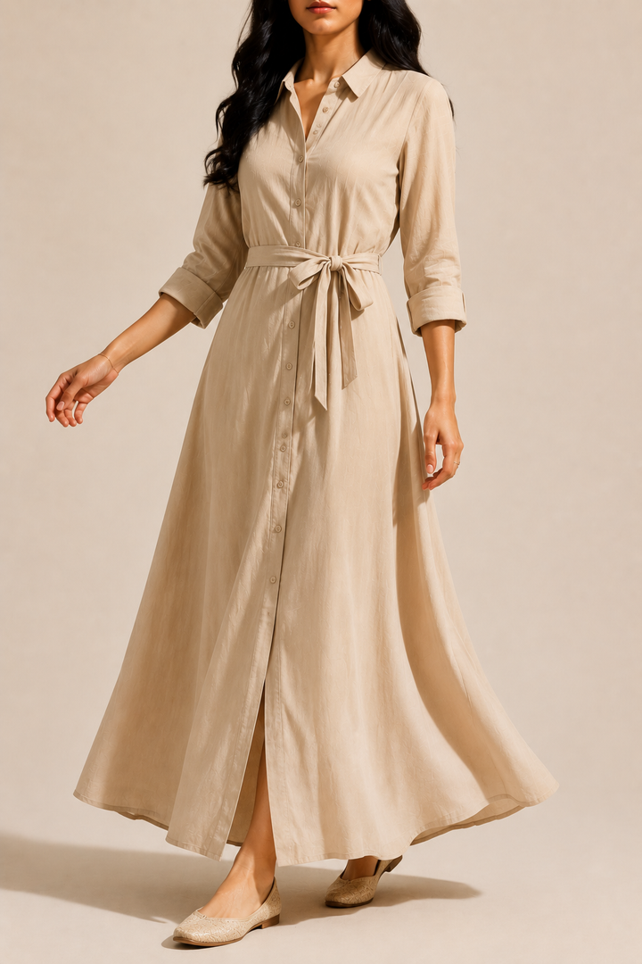 Women's Occasion Shirt Maxi Dress with Tie Waist