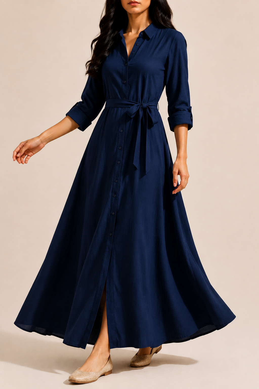 Women's Occasion Shirt Maxi Dress with Tie Waist
