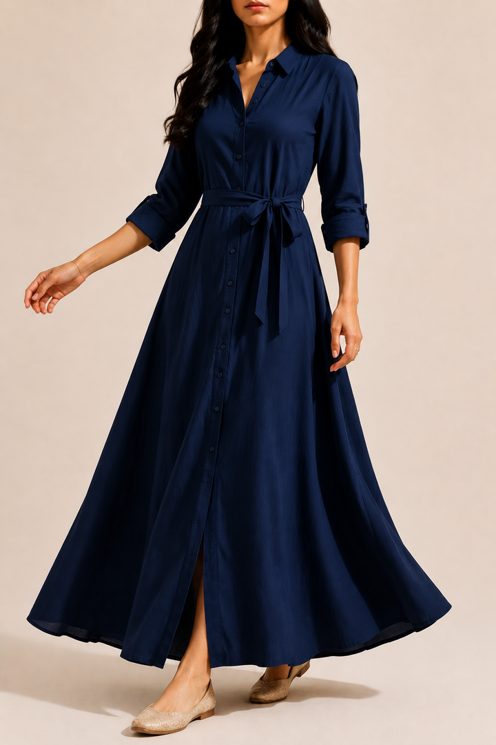 Women's Occasion Shirt Maxi Dress with Tie Waist