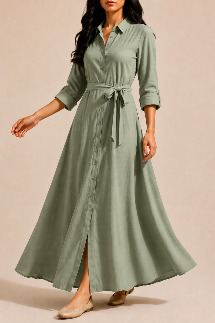Women's Occasion Shirt Maxi Dress with Tie Waist