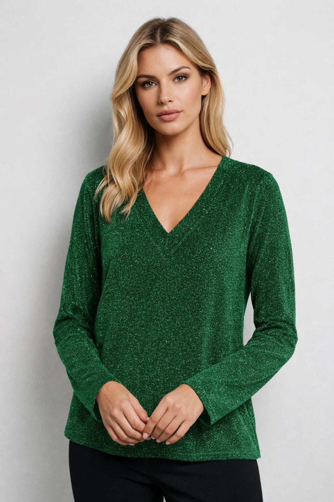 Women's Shimmer Knit Jumper with V Neck and Long Sleeves