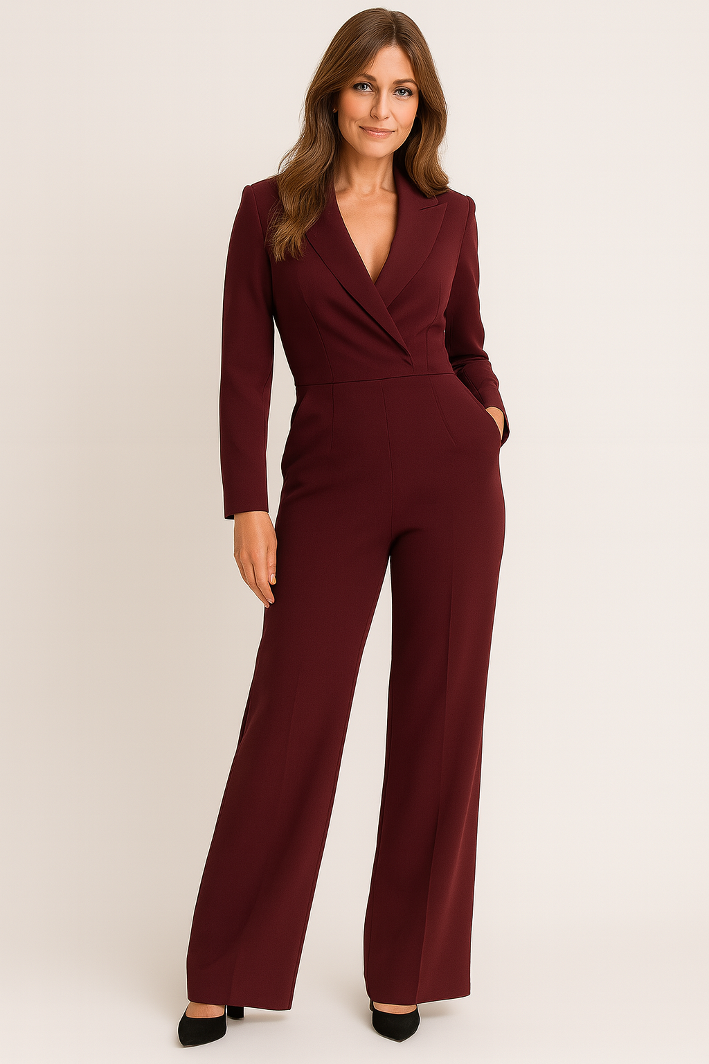 Women's Tailored Jumpsuit with Wrap Front and Wide Leg Design